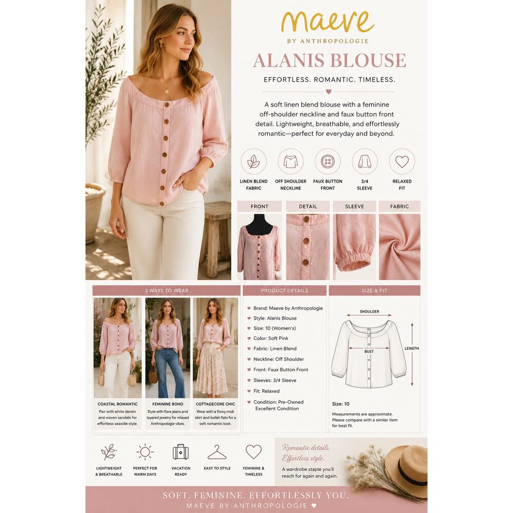 Maeve by Anthropologie Alanis Blouse Linen Blend SZ10 Off Shoulder Faux Button